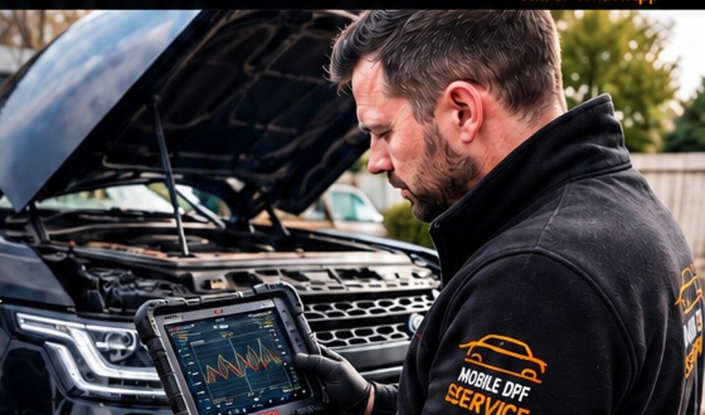 Mobile DPF technician checking diagnostic data at a customer’s location